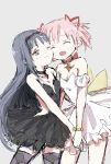  2girls akemi_homura akuma_homura blush bracelet breasts checkered choker cleavage closed_eyes dress hair_ribbon jewelry jojoie7 kaname_madoka long_hair mahou_shoujo_madoka_magica multiple_girls open_mouth pink_hair purple_hair ribbon short_twintails smile soul_gem thighhighs twintails violet_eyes wink zettai_ryouiki 