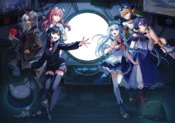  1boy 5girls animal_ear_headphones animal_ear_headwear animal_ear_legwear animal_ears aroma_white asakura_neko black_boots black_gloves black_hair black_hat black_jacket black_pants black_pantyhose black_shirt black_shoes black_thighhighs blue_eyes blue_hair blue_overskirt blue_shirt bolt_(rotaeno) boots bracelet brown_boots brown_eyes brown_hair camouflage cat_ear_headphones cat_ear_legwear cat_ears chinese_commentary commentary_request copyright_notice cube cytus cytus_ii fake_animal_ears floating_headgear frilled_skirt frills gloves goggles goggles_on_head green_jacket hair_ornament hair_over_one_eye hair_scrunchie hat headband headgear headphones headset highres hood hood_up hooded_jacket hoppe_(rotaeno) horned_hood horns ilot_(rotaeno) ivy_(cytus) jacket jewelry long_hair long_sleeves low_twintails medium_hair meowbot multiple_girls neckerchief official_art orange_socks pants pantyhose pink_hair puffy_short_sleeves puffy_sleeves red_eyes red_horns red_neckerchief red_trim rotaeno ryuh_(asahina_neru) scrunchie shirt shoes short_sleeves skirt sleeveless sleeveless_shirt socks thigh-highs tuner-san twintails violet_eyes waist_cape white_boots white_hair white_headband white_jacket white_shirt white_shoes white_skirt white_thighhighs wrist_scrunchie yellow_eyes 