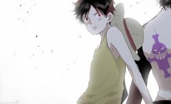  2boys back_tattoo black_hair clip_studio_paint_(medium) commentary_request curry_gohan hat light_particles male_focus monkey_d._luffy multiple_boys one_piece portgas_d._ace red_eyes scar scar_on_face shirt short_hair sleeveless sleeveless_shirt straw_hat tattoo topless_male yellow_shirt 