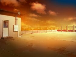  clouds cloudy_sky door evening game_asset industrial_pipe no_humans non-web_source official_art rooftop scenery sky subarashiki_hibi urban visual_novel_cg 