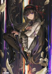  1girl absurdres akemi_homura akemi_homura_(magical_girl) argyle_clothes argyle_pantyhose artist_name black_hair black_pantyhose bow_(weapon) capelet chromatic_aberration commentary_request dated flower full_body grey_skirt hair_ribbon hairband high_heels highres holding holding_bow_(weapon) holding_weapon jacket long_hair long_sleeves looking_at_viewer magical_girl mahou_shoujo_madoka_magica mahou_shoujo_madoka_magica_(anime) neck_ribbon pantyhose parted_lips petals pleated_skirt purple_eyes red_hairband red_ribbon ribbon signature skirt solo soul_gem_(madoka_magica) tusk_two weapon white_flower white_jacket 