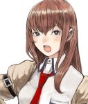  1girl arm_belt breast_pocket breasts brown_hair hair_over_shoulder jacket jubigamura long_hair makise_kurisu necktie open_mouth payot simple_background solo steins;gate violet_eyes white_background 