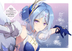  1girl arm_strap armband armpits arms_up artist_name bare_shoulders blue_background blue_dress blue_gem blue_gloves blue_hair border breasts bridal_gauntlets commentary_request crystal_earrings dress earrings feather_hair_ornament feathers fur_collar fur_trim gem genshin_impact gloves gradient_background hair_between_eyes hair_bun hair_ornament hairband headpiece jewelry kinatsu_k looking_at_viewer medium_breasts odette_(genshin_impact) outside_border pink_background purple_gem short_hair sidelocks single_bridal_gauntlet smile snowflake_background solo strapless strapless_dress teeth two-tone_background upper_body violet_eyes watermark wavy_hair white_armband white_border white_bridal_gauntlets white_feathers white_hairband 
