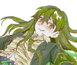 1boy armband black_jacket collared_shirt commentary dress_shirt eyebrow_cut green_armband green_hair green_necktie grin hair_between_eyes jacket lapels lobotomy_corporation long_hair long_sleeves looking_at_viewer loose_necktie lying male_focus maomihanbao28371 necktie nervous_smile netzach_(project_moon) on_back open_collar project_moon shirt simple_background smile solo untranslatable_commentary upper_body white_background white_shirt yellow_eyes 