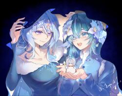  2girls alternate_costume anastasya_feodorovna_snezhnaya artist_name bare_shoulders blue_cape blue_dress blue_eyes blue_flower blue_gem blue_hair breasts cape closed_mouth collarbone dress english_commentary fins flower frozen_(disney) fur-trimmed_dress fur_trim gem genshin_impact green_hair hair_between_eyes hair_bun hair_flower hair_ornament hair_over_one_eye hairband hands_up head_fins highres holding holding_snowman long_hair long_sleeves looking_at_another medium_breasts multicolored_hair multiple_girls odette_(genshin_impact) open_mouth pearl_hair_ornament short_hair sidelocks smile snowman streaked_hair teeth tongue upper_body very_long_hair violet_eyes vodyanitsa_(genshin_impact) wavy_hair white_hair white_hairband xinggeli 