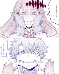  1boy 1girl baobhan_sith_(fate) baobhan_sith_(first_ascension)_(fate) black_gloves black_hair blue_eyes cheek_pinching commentary didudiuduidudu fate/grand_order fate_(series) fujimaru_ritsuka_(male) fujimaru_ritsuka_(male)_(decisive_battle_chaldea_uniform) gloves highres long_hair pinching pointy_ears red_hair short_hair speech_bubble upper_body 
