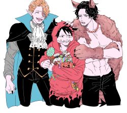  3boys ^_^ abs animal_ears ascot black_hair black_nails black_pants blonde_hair candy closed_eyes commentary_request cropped_legs fake_animal_ears fake_horns fingernails food holding holding_candy holding_food hood hoodie horns jewelry laughing long_fingernails male_focus mike_(tomatomato244) monkey_d._luffy multiple_boys necklace one_piece pants pearl_necklace pointy_ears portgas_d._ace red_hoodie sabo_(one_piece) scar scar_on_face short_hair simple_background tail torn_ascot torn_clothes white_background 