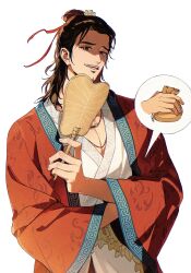  1boy absurdres all_wishes_come_true! bag beads black_hair blue_trim brown_eyes brown_hair chinese_clothes chinese_commentary coat commentary_request facial_hair flame_print hair_bun hair_ornament hair_ribbon half_updo hand_fan hanfu highres holding holding_bag holding_fan jewelry leaf_belt leaf_fan leaf_hair_ornament leaf_ornament long_hair long_sleeves looking_at_viewer male_focus mustache_stubble necklace open_clothes open_coat open_mouth parted_lips pectoral_cleavage pectorals print_robe red_coat red_ribbon ribbon robe simple_background single_hair_bun smile solo speech_bubble spoken_object stubble upper_body vigon white_background white_hanfu wide_sleeves zhongli_quan_(all_wishes_come_true!) 