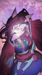  1girl animal_ears blue_kimono blue_skirt breasts brown_hair commentary_request detached_sleeves ear_covers finger_frame finger_frame_over_eye flower hair_between_eyes hair_flower hair_ornament highres horse_ears horse_girl instagram instagram_logo japanese_clothes kimono long_hair looking_at_viewer orchid phalaenopsis_(racing)_(umamusume) phalaenopsis_(umamusume) rika-kiyoshi rope_belt side_ponytail skirt solo symbol_in_eye umamusume 