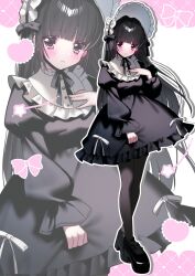  1girl bib_collar black_bow black_dress black_eyes black_hair black_pantyhose black_ribbon black_shoes blunt_bangs blush bonnet bow buttons chinstrap commentary_request dress dress_ribbon expressionless fashion footwear_bow frilled_bonnet frilled_shirt_collar frills full_body gothic_lolita hair_intakes hand_on_own_chest heart highres juliet_sleeves lolita_fashion long_hair long_sleeves looking_at_viewer multicolored_eyes original outline pantyhose pink_bow pink_eyes puffy_sleeves ribbon shadow shoes solo standing two-tone_eyes usausausabarasi very_long_hair white_bonnet white_outline white_ribbon zoom_layer 