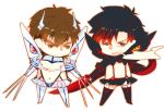  2boys amore1989 between_fingers black_hair black_keys brown_hair chibi cigarette cosplay emiya_kiritsugu fate/zero fate_(series) junketsu kill_la_kill kiryuuin_satsuki kiryuuin_satsuki_(cosplay) kotomine_kirei matoi_ryuuko matoi_ryuuko_(cosplay) midriff multiple_boys revealing_clothes senketsu smile smoking suspenders thighhighs wink 