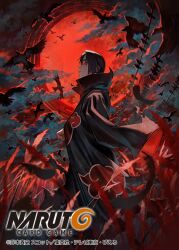  1boy akatsuki_uniform bird black_feathers black_hair commentary_request copyright_name copyright_notice crow feathers field forehead_protector kyuuba_melo looking_to_the_side moon naruto_(series) naruto_card_game naruto_shippuuden official_art red_eyes red_moon sharingan short_hair solo standing uchiha_itachi wheat_field 