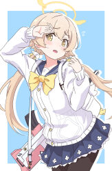  1girl :o arm_up assault_rifle backpack bag black_pantyhose blonde_hair blue_archive blue_background blue_sailor_collar blue_skirt blush border bow bowtie bright_pupils bullpup buttons cardigan commentary cowboy_shot curled_fingers drop_shadow flying_sweatdrops frilled_skirt frills gun hair_between_eyes hair_flaps hair_ornament hair_ribbon halo hand_up hifumi_(blue_archive) highres l85 long_hair long_sleeves looking_at_viewer low_twintails miniskirt open_mouth outside_border pantyhose pleated_skirt raised_inner_eyebrows ribbon rifle sailor_collar school_uniform serafuku skirt sleeves_past_wrists solo sweatdrop teeth twintails upper_teeth_only user_xpdf2788 very_long_hair weapon white_bag white_border white_cardigan wing_hair_ornament winged_halo yellow_bow yellow_bowtie yellow_eyes yellow_halo yellow_pupils yellow_ribbon 