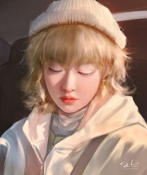  1girl beanie blonde_hair car_interior closed_eyes closed_mouth coat commentary earrings english_commentary eyelashes hat hood hood_down hooded_coat indoors jewelry lips nose original portrait razaras realistic scarf seatbelt short_hair signature solo white_coat white_hat white_scarf zipper 