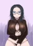  1girl annoyed black_hair black_panties blue_eyes breasts cleavage glasses huge_breasts itsukiasa long_hair looking_at_viewer open_clothes open_shirt original panties purple_background skindentation solo underwear 