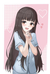  1girl absurdres blue_pajamas blush breast_pocket breasts brown_hair button_gap commentary_request facing_viewer gradient_background heart highres jim6581156 long_hair looking_to_the_side make_heroine_ga_oo_sugiru! nukumizu_kaju open_mouth own_hands_together pajamas pink_background pocket short_sleeves simple_background small_breasts smile solo 