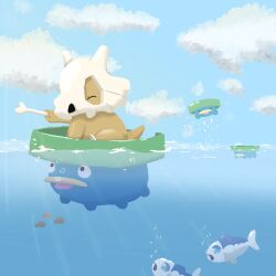  air_bubble blue_eyes blue_sky bone bubble closed_eyes commentary_request cubone day fins fish highres holding holding_bone lily_pad lotad open_mouth pokemon pokemon_(creature) riding riding_pokemon ruru_hlkun skull_on_head sky swimming tail underwear water wishiwashi wishiwashi_(solo) 
