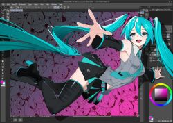  1girl absurdres aqua_eyes aqua_hair aqua_nails aqua_trim armpits art_program_in_frame bare_shoulders black_boots black_skirt black_sleeves black_thighhighs boots breasts collar commentary detached_sleeves english_commentary fingernails foot_out_of_frame grey_shirt hair_between_eyes hair_ornament hatsune_miku hatsune_miku_(vocaloid6) heart heart_hair_ornament highres jiyuu_sensei long_hair looking_at_viewer nail_polish open_mouth piano_print ringed_eyes shirt skirt sleeveless sleeveless_shirt small_breasts smile solo striped_clothes striped_shirt teeth thigh-highs twintails upper_teeth_only very_long_hair vocaloid white_collar wing_collar zettai_ryouiki 