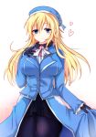  1girl atago_(kantai_collection) black_gloves black_legwear blonde_hair blue_eyes blush breasts gloves hand_on_own_chest hat heart kantai_collection large_breasts long_hair military military_jacket military_uniform pantyhose personification skirt smile solo uniform 