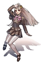  1girl :d arm_up asa_(y-asa) black_shirt black_shoes black_skirt bow bowtie capelet commentary_request full_body gloves grey_hair hairpods high_heels ingrid_(capcom) ingrid_(cfas_alternate)_(capcom) legs long_hair long_sleeves looking_at_viewer miniskirt official_alternate_color open_mouth pantyhose pleated_skirt purple_bow purple_bowtie red_eyes shirt shoes simple_background skirt smile solo street_fighter very_long_hair white_background white_gloves white_pantyhose 