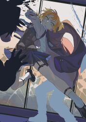  1girl 2others absurdres bare_legs black_jacket black_skirt blonde_hair blood blood_on_face blood_splatter bolt_action breasts commentary_request commission covered_navel dual_wielding from_below frown full_body girls_frontline green_eyes gun handgun highres holding holding_behind_back holding_gun holding_weapon holding_weapon_behind_back jacket jacket_on_shoulders kano33 legs_apart looking_at_viewer looking_down medium_breasts medium_hair miniskirt multiple_others pixiv_commission pleated_skirt serious shirt short_hair silhouette skin_tight skirt slit_pupils solo_focus thigh_strap thighs vest weapon welrod welrod_mkii_(girls'_frontline) white_shirt 