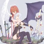  :o angel_and_devil angel_wings brown_hair cross crystal demon_wings dress elbow_gloves gloves green_eyes halo highres hitoshi_(pixiv3340857) horns hug long_hair original panties red_eyes snake thighhighs tombstone underwear white_hair wings 