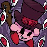  blush_stickers club crossover gias-ex-machella grin hat kirby kirby_(series) no_humans peacock_(skullgirls) peacock_(skullgirls)_(cosplay) red_eyes sharp_teeth smile solo spiked_bat spiked_club top_hat weapon 