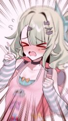  >_< 1girl aria_(human)_(zenless_zone_zero) aria_(zenless_zone_zero) arm_warmers bag black_choker blush character_print choker closed_eyes collarbone commentary_request facing_viewer flying_sweatdrops green_hair hair_ornament hairclip heart heart_hair_ornament highres multiple_hairclips nangong_yu official_alternate_costume open_mouth pink_bag pink_tank_top solo striped_arm_warmers sunna_(delusions_in_business) sunna_(zenless_zone_zero) sweat taiyaki12 tank_top upper_body v white_wings winged_bag wings zenless_zone_zero 