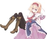 1girl alice_margatroid black_legwear blonde_hair blue_eyes boots capelet cross-laced_footwear dress lace-up_boots looking_at_viewer mochiki pantyhose short_hair simple_background solo touhou white_background wrist_cuffs 