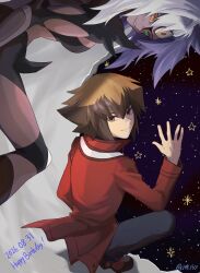  149_150 blue_hair brown_eyes collared_jacket commentary_request demon_girl duel_academy_uniform_(yu-gi-oh!_gx) duel_monster green_lips hair_between_eyes happy_birthday heterochromia highres jacket looking_back red_jacket red_shoes shoes squatting third_eye waving white_hair yu-gi-oh! yu-gi-oh!_gx yubel yuki_judai 