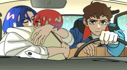  1girl 2boys amate_yuzuriha amuro_ray aqua_hair blue_hair brown_hair car_interior car_seat char's_counterattack commentary_request couple driving earth_federation earth_federation_space_forces gundam gundam_gquuuuuux highres hitman's_wife's_bodyguard kimidori_(haruzionmitaka) kiss meme multiple_boys red_hair scene_reference science_fiction short_hair shuji_ito steering_wheel third_wheel 