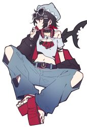  1girl aitekku beanie belt black_hair black_jacket black_nails blue_pants bracelet candy chain chain_bracelet cleavage_cutout clothing_cutout collar collarbone colored_inner_hair crop_top denim ellen_joe fins fish_tail food food_in_mouth full_body hat headphones headphones_around_neck highres holding holding_candy holding_food holding_lollipop jacket jacket_partially_removed jeans jewelry large_tail lollipop lollipop_in_mouth looking_to_the_side midriff mole mole_under_eye multicolored_hair nail_polish navel necklace off_shoulder official_alternate_costume open_clothes pants platform_sandals razor_blade_hair_ornament red_eyes red_hair red_nails sandals shark_girl shark_tail shark_tooth shirt short_hair simple_background sitting solo spiked_bracelet spiked_collar spikes tail torn_clothes torn_jeans torn_pants torn_shirt two-sided_fabric two-sided_jacket white_background zenless_zone_zero 