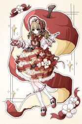  1girl absurdres apple apple_peel apple_print apple_slice argyle_clothes argyle_dress argyle_sleeves argyle_socks black_bow bonnet bow bowtie brown_hair bubble_skirt capelet chinese_commentary closed_mouth collar commentary_request cup detached_collar dot_nose dress eyelashes flower food food-themed_background food-themed_clothes food-themed_hair_ornament food_print footwear_bow frilled_collar frilled_dress frilled_headwear frilled_sleeves frilled_socks frilled_wrist_cuffs frills fruit fruit_print full_body green_eyes hair_ornament hair_ribbon hair_through_headwear happy hat hat_bow highres holding holding_saucer holding_spoon infinity_nikki kneehighs light_blush long_hair low_twintails mary_janes medium_dress nikki_(series) outline pinafore_dress print_dress puffy_short_sleeves puffy_sleeves red_bonnet red_bow red_bowtie red_capelet red_dress red_ribbon red_shoes ribbon ribbon-trimmed_dress ribbon-trimmed_footwear ribbon-trimmed_headwear ribbon-trimmed_sleeves ribbon_trim saucer see-through_clothes see-through_sleeves shimimoya shirt shoes short_sleeves signature skirt sleeveless sleeveless_dress smile socks solo sparkle spoon standing striped_bow striped_bowtie striped_clothes striped_dress sugar_cube sweet_memories_(infinity_nikki) tea teacup teaspoon twintails two-sided_ribbon two-tone_dress waist_bow wavy_hair white_flower white_outline white_shirt white_socks white_wrist_cuffs wrist_cuffs yellow_background yellow_collar yellow_dress yellow_ribbon 