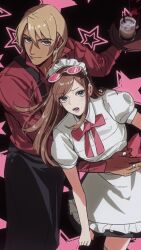  1boy 1girl ace_attorney adapted_costume alternate_costume amikoiiko apollo_justice:_ace_attorney apron black_apron black_background blonde_hair blue_eyes blush bow brown_hair collared_shirt cup dark-skinned_male dark_skin drill_hair drinking_straw earrings ema_skye eyewear_on_head green_eyes gyaruo half_updo highres holding holding_tray jewelry klavier_gavin light_smile long_hair long_sleeves lower_teeth_only maid_apron maid_headdress middle_ring mismatched_eyebrows neck_ribbon open_collar open_mouth pink-framed_eyewear pink-tinted_eyewear pink_background pink_ribbon popped_collar puffy_short_sleeves puffy_sleeves purple_shirt ribbon ring shirt short_sleeves side_drill star_(symbol) star_symbol_background teeth thumb_ring tinted_eyewear tray two-tone_background waist_bow 