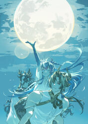  1girl 2boys absurdres aged_down arknights arm_up black_hair black_hands blue_eyes blue_hair blue_hands blue_sky blurry bokeh brown_hair carrying chinese_commentary chongyue_(arknights) clouds colored_extremities commentary_request depth_of_field dragon_horns fan_mu_zhang full_moon hair_over_one_eye highres horns ling_(arknights) long_hair looking_at_another looking_back messy_hair moon multicolored_hair multiple_boys night one_eye_closed piggyback pointy_ears ponytail red_eyes shirt sky sleeveless sleeveless_shirt smile streaked_hair wang_(arknights) white_hair white_shirt 
