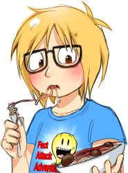  1boy blonde_hair blue_shirt blush brown_eyes canihavepromo eating fact_attack_adventures facty_(fact_attack_adventures) fork glasses solo spaghetti 