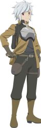  1boy absurdres albino anime_coloring armor artist_request bell_cranel belt belt_bag black_jacket black_pants black_shirt boots breastplate brown_belt brown_boots brown_jacket collared_jacket dagger dungeon_ni_deai_wo_motomeru_no_wa_machigatteiru_darou_ka full_body grey_armor hand_on_weapon highres holding holding_dagger holding_knife holding_weapon jacket knife looking_at_viewer male_focus official_art pants red_eyes second-party_source shirt short_hair simple_background smile solo standing transparent_background weapon white_hair 