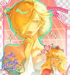  2girls alternate_hair_length_(shorter) alternate_hairstyle arrow_through_heart blonde_hair blue_dress blue_nails blush commentary crown dlovesespresso dress earrings english_commentary english_text green_eyes highres jewelry long_hair long_sleeves multiple_girls off-shoulder_dress off_shoulder open_mouth pixie_cut princess_peach rosalina short_hair sphere_earrings star_(symbol) star_earrings super_mario_bros. yuri 