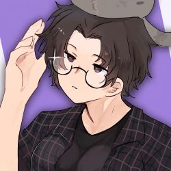  1boy animal_on_head black_shirt breasts brown_eyes brown_hair collared_shirt glasses highres mithralion non-web_source on_head original parted_hair roblox shirt trap 