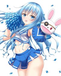  1girl animal_ears bare_shoulders blue_eyes blue_hair blush cheerleader cheerleader_uniform commentary_request crop_top date_a_live highres himekawa_yoshino long_hair looking_at_viewer midriff navel pleated_skirt pom_pom_(cheerleading) rabbit_ears skirt sleeveless smile solo stuffed_toy user_trmg3438 white_background 