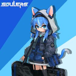 animal_ears animated animated_gif artist_request aseprite_(medium) bag black_bag black_thighhighs blue_background blue_bag blue_eyes blue_hair blue_hawaii_(soulers) blush blush_stickers cat_ears cat_girl closed_mouth commentary copyright_logo copyright_name cowboy_shot drop_shadow ear_wiggle english_commentary eyelashes hair_between_eyes hand_in_pocket headphones hood hood_up logo long_hair long_sleeves looking_at_viewer looping_animation official_art pixel_art second-party_source sidelocks soulers thigh-highs 