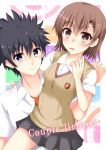  1boy 1girl black_eyes black_hair brown_eyes brown_hair couple kamijou_touma misaka_mikoto school_uniform short_hair spiky_hair to_aru_kagaku_no_railgun to_aru_majutsu_no_index yuuki_tokinomado 