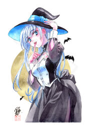  1girl alternate_costume alternate_hairstyle bat_(animal) black_dress black_hat blue_eyes blue_ribbon breasts buttons commentary cowboy_shot double-breasted dress fangs finger_to_mouth full_metal_panic! full_moon hand_on_headwear hat hat_ribbon highres index_finger_raised lips long_hair looking_at_viewer looking_to_the_side medium_breasts moon official_artist_extra ribbon shikidouji shushing signature simple_background smile solo stamp_mark standing teletha_testarossa traditional_media white_background white_hair witch_hat 