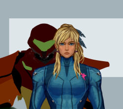  2girls alternate_hairstyle blonde_hair blue_eyes braid commentary dual_persona english_commentary expressionless facing_viewer feathered_hair front_braid green_assault_visor grey_background helmet letterboxed long_hair max_kay metroid multiple_girls muscular muscular_female power_suit_(metroid) red_helmet samus_aran science_fiction simple_background two-tone_background upper_body varia_suit zero_suit 
