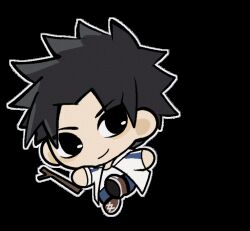  1boy animated animated_gif black_eyes black_hair chibi chibi_only chinese_commentary commentary_request dancing false_memory he_mingshuo holding holding_stick male_focus open_mouth simple_background solo spiky_hair stick white_background zhiwuchangguisanjianshi 