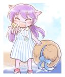  :d alternate_costume animal_ears beach blush colored dress green_dew hat hat_removed headwear_removed jewelry league_of_legends long_hair lulu_(league_of_legends) necklace open_mouth purple_hair sandals seashell shell smile water yordle 