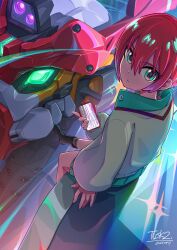  1girl absurdres amate_yuzuriha boots cellphone commentary_request dated glowing glowing_eyes gquuuuuux green_eyes gundam gundam_gquuuuuux hair_behind_ear highres holding holding_phone jacket looking_at_viewer looking_up mecha mobile_suit phone red_hair robot science_fiction short_hair signature sitting smartphone tusk_two white_jacket 