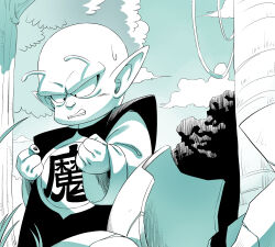  alien amayuki318 antennae black_nails blue_background broken_egg child clenched_hands clenched_teeth commentary_request dragon_ball dragon_ball_(classic) foot_out_of_frame forest gradient_background highres namekian nature partially_colored piccolo pointy_ears teeth tree tunic white_background 