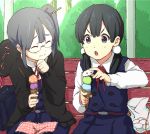  2girls asagiri_shiori black_hair blue_eyes cardigan closed_eyes food glasses ice_cream kanau kitashirakawa_tamako long_hair low_twintails mochi multiple_girls school_uniform side_ponytail tamako_market twintails wagashi 