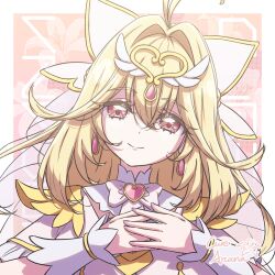  1girl absurdres antenna_hair black_hair blonde_hair blush bow breasts brooch capelet closed_mouth commentary_request cure_arcana dress frilled_capelet frilled_cuffs frills gradient_hair hair_intakes heart heart_brooch highres jewelry long_hair looking_at_viewer magical_girl meitantei_precure! moria_luluka multicolored_hair precure smile solo thereaakari upper_body veil very_long_hair white_capelet white_dress white_veil winged_heart wrist_cuffs 